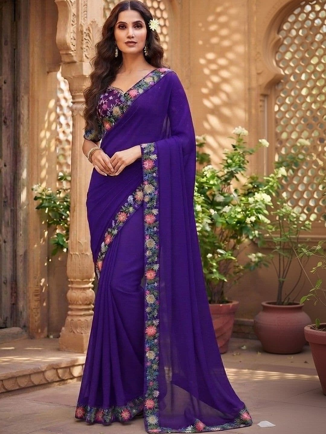 SmileyFashion Floral Embroidered Art Silk Saree thumbnail 2