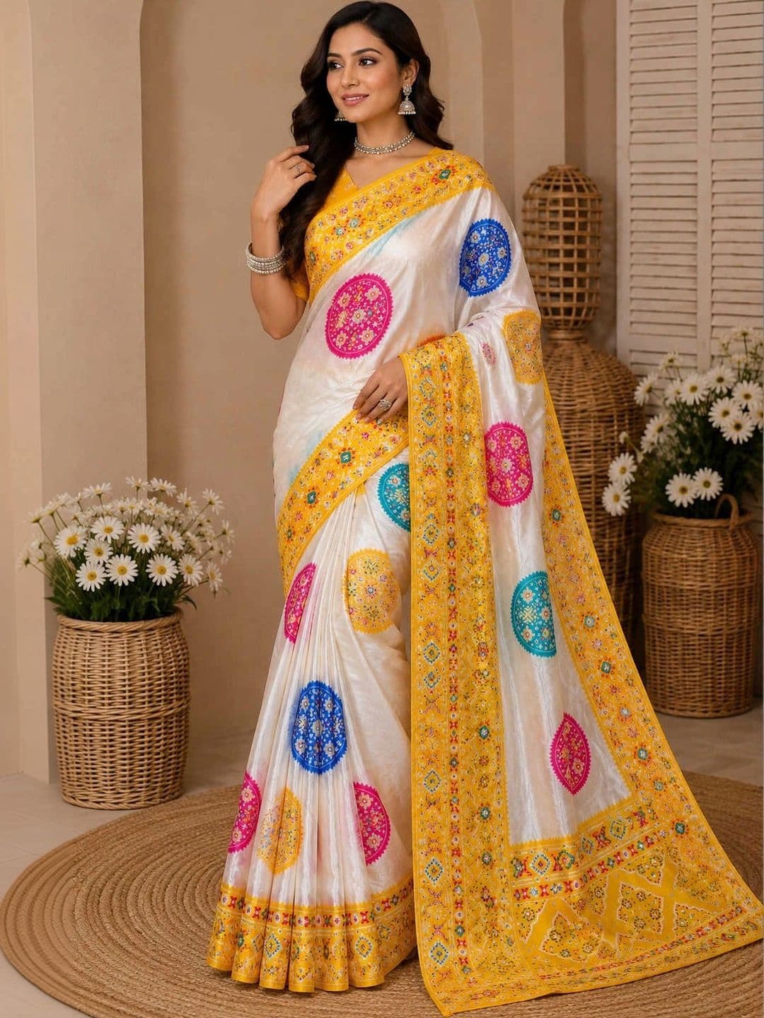 DJV Fashion Woven Design Mirror Work Silk Blend Ikat Saree thumbnail 3