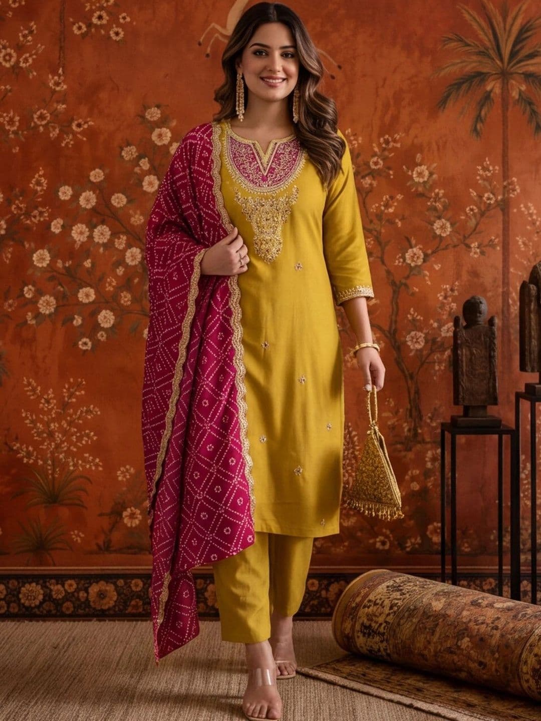Sangria Women Ethnic Motifs Embroidered Regular Thread Work Kurta with Trousers & With Dupatta thumbnail 6