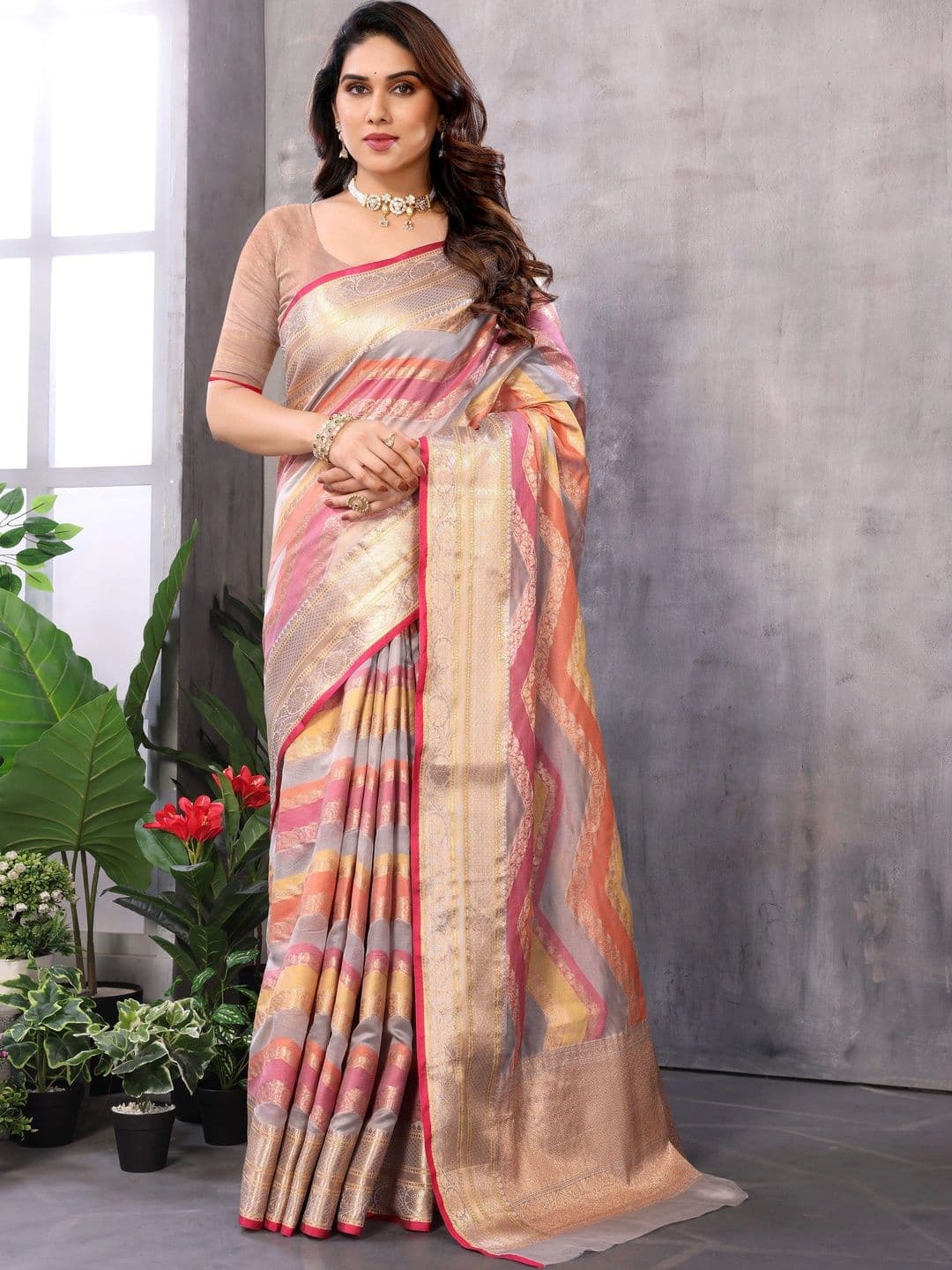 Sangria Women Striped Zari Silk Blend Designer Kanjeevaram Saree - view 1