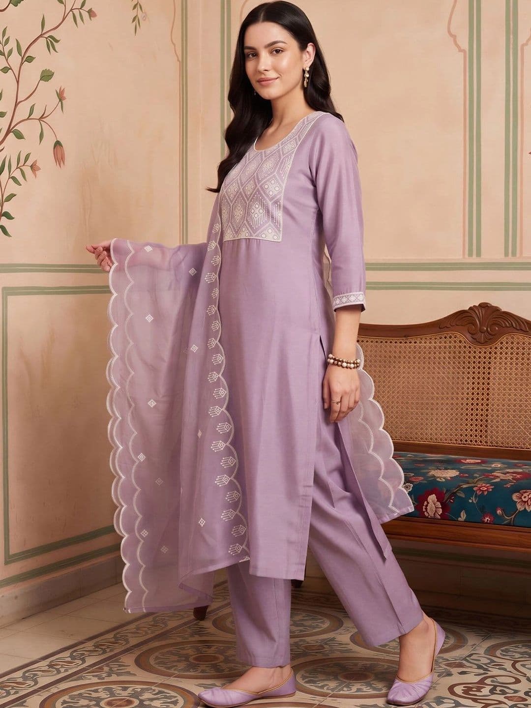Indo Era Women Regular Thread Work Kurta with Trousers & With Dupatta thumbnail 6