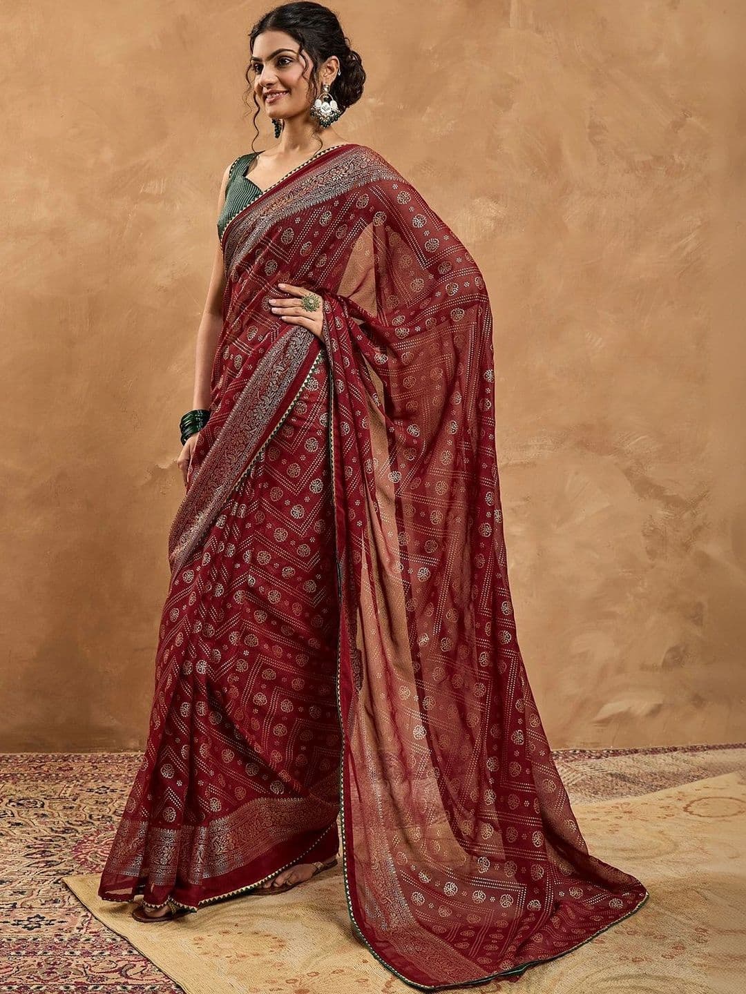 Sangria Embellished Gotta Patti Poly Chiffon Designer Bandhani Saree thumbnail 6