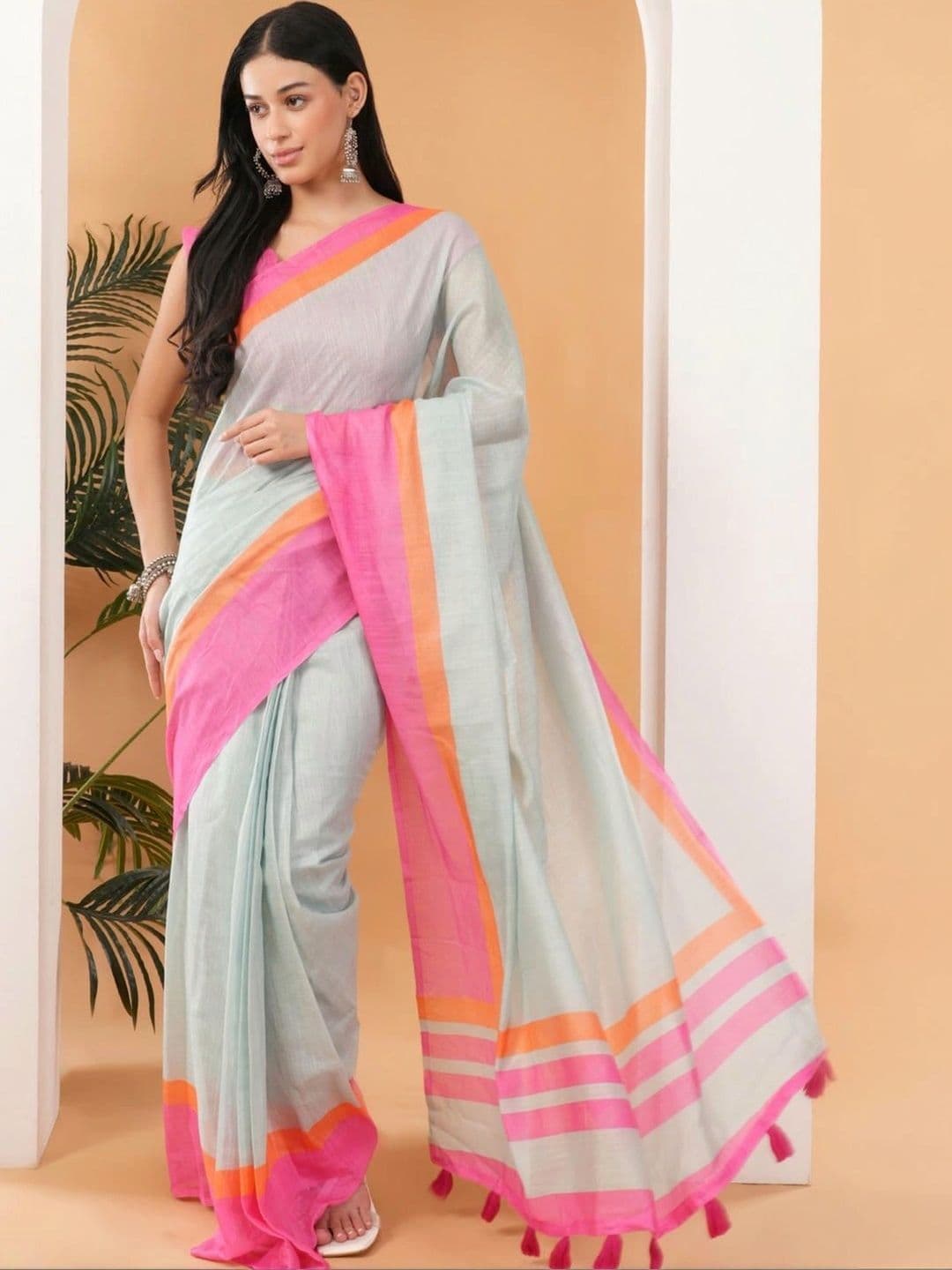 SAMANTHA Striped Linen Blend Belted Saree - view 1