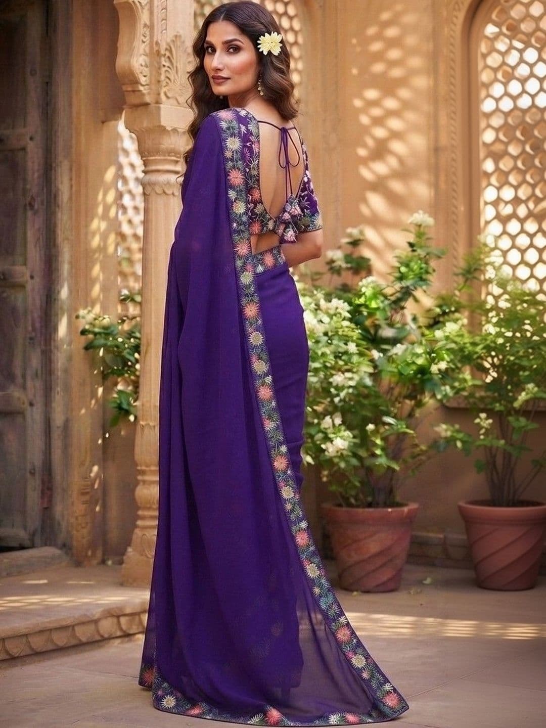 SmileyFashion Floral Embroidered Art Silk Saree thumbnail 5