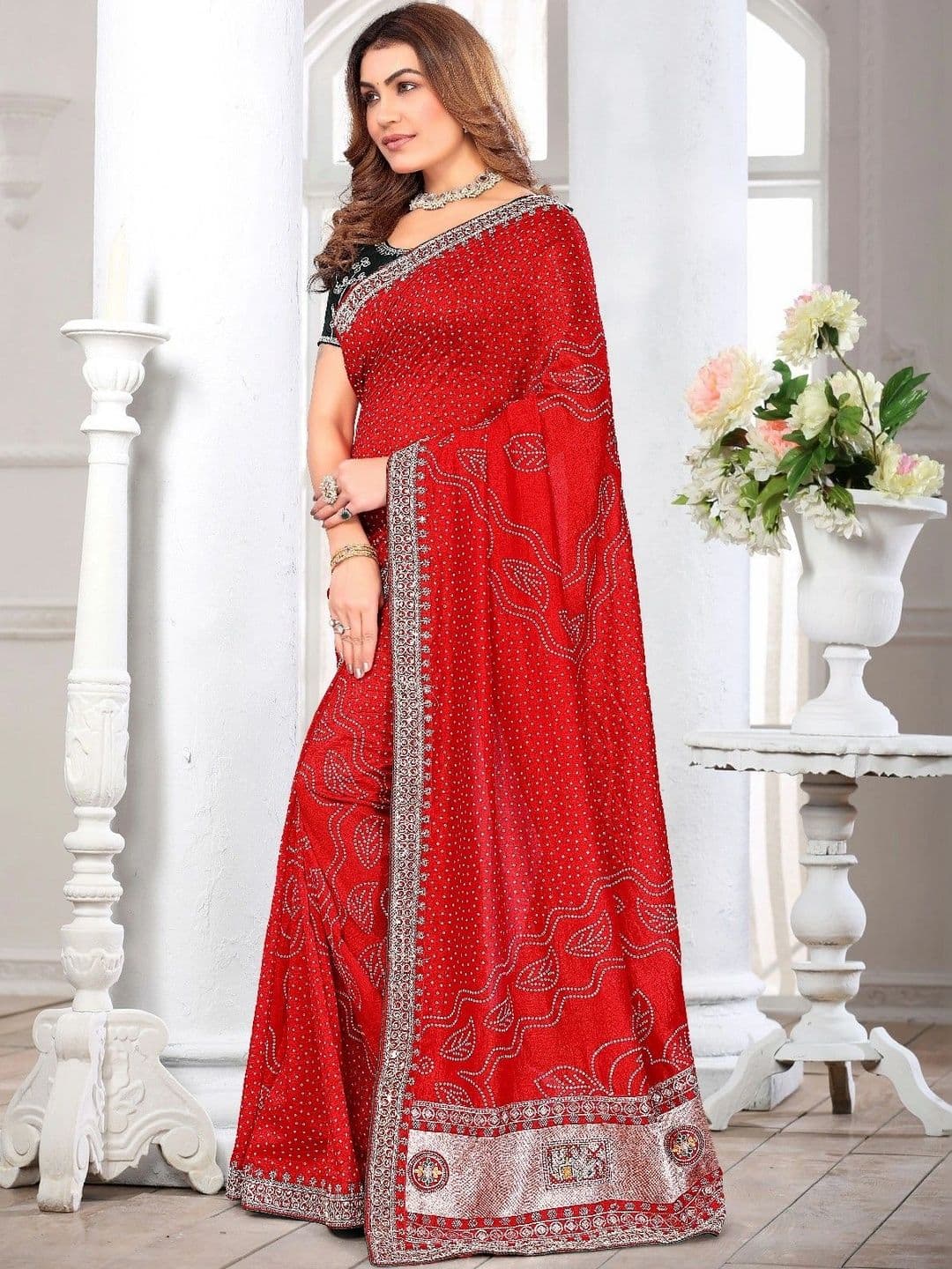 SmileyFashion Bandhani Embroidered Art Silk Designer Saree thumbnail 2