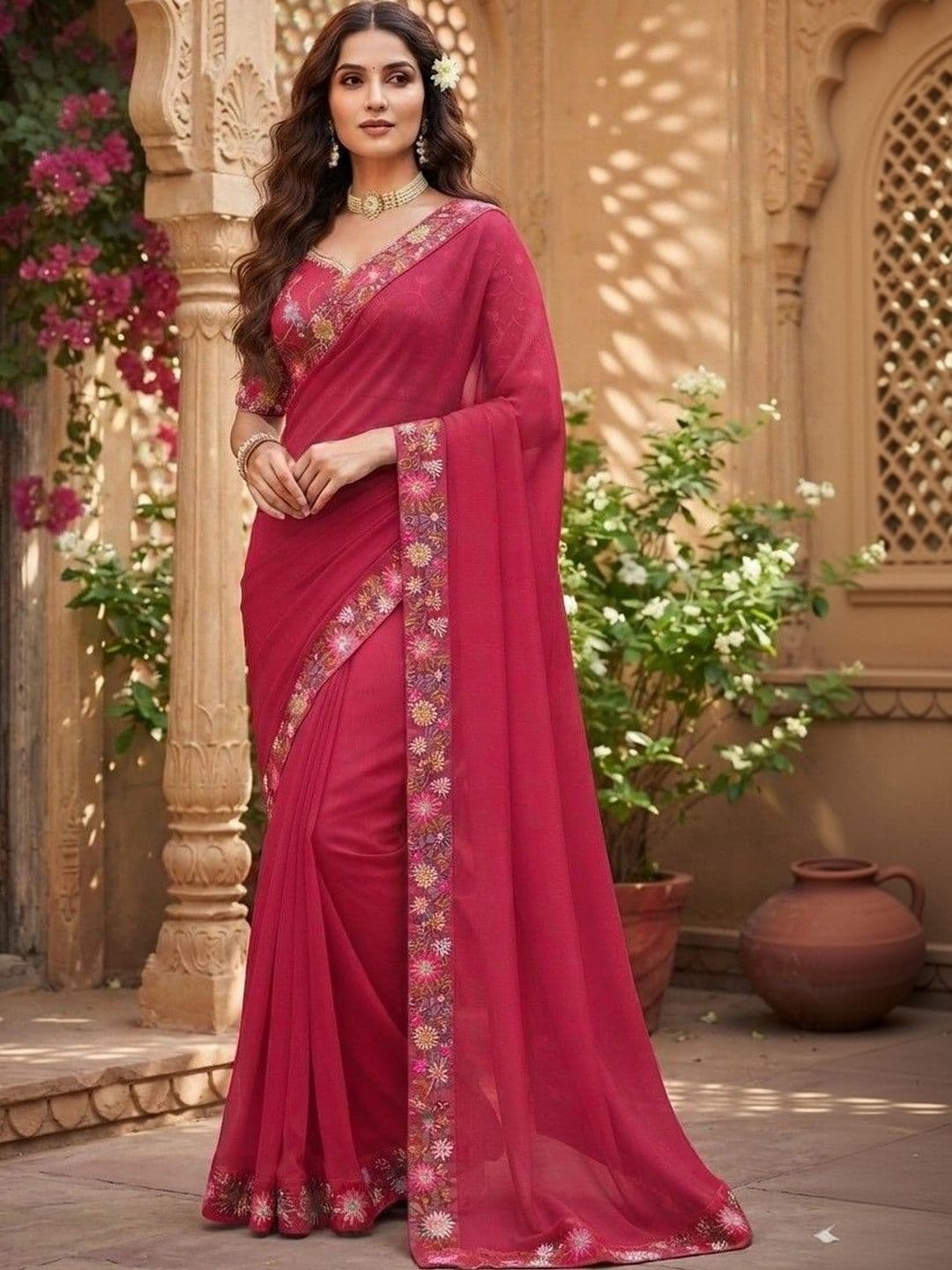 SmileyFashion Floral Art Silk Saree thumbnail 4