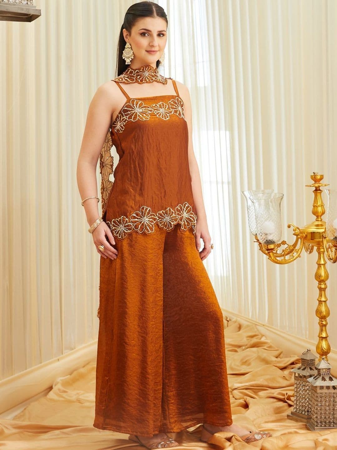 Colors  of Earth Colors of Earth Silk Embroidered Beadswork Short Kurti With Bell Bottom Pant With Dupatta thumbnail 5
