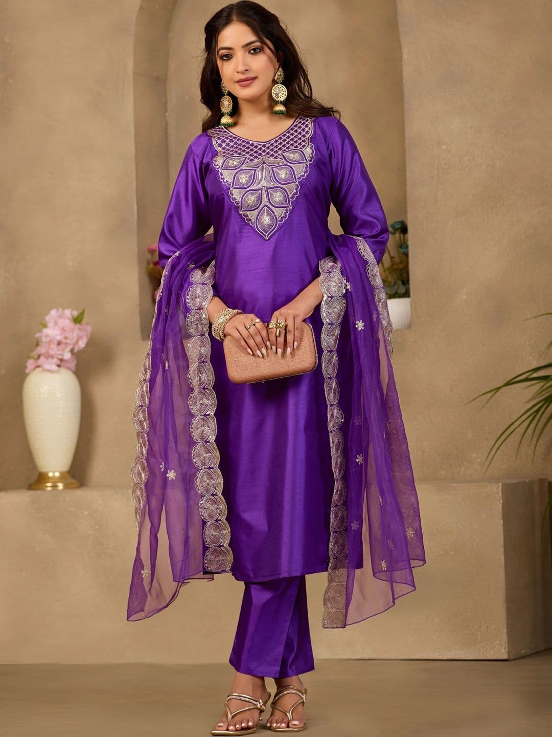 Sangria Women Ethnic Motifs Embroidered Regular Thread Work Kurta with Trousers & With Dupatta - view 1