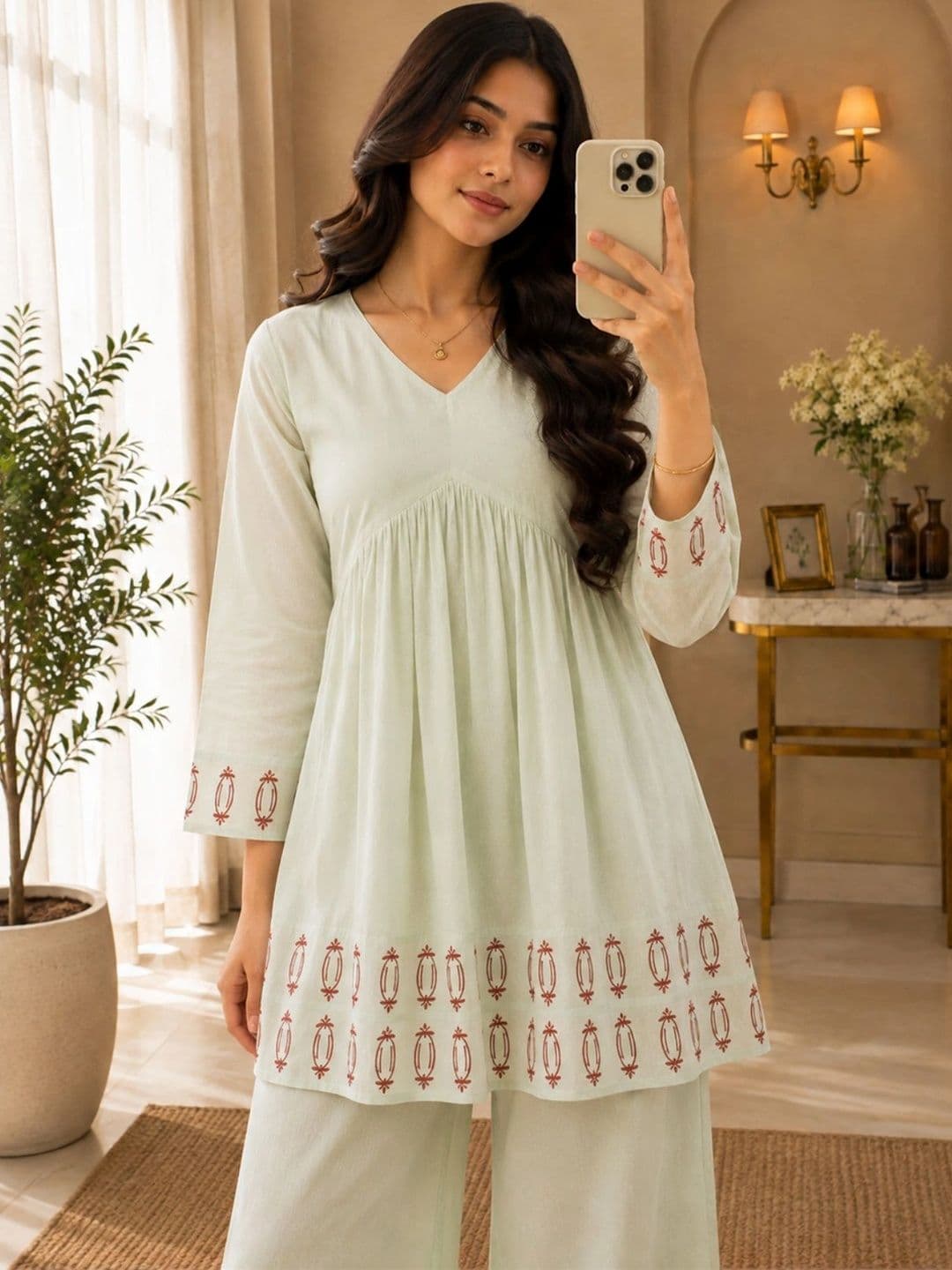 KALINI Women Ethnic Motifs Printed Empire Pure Cotton Kurti with Palazzos thumbnail 3
