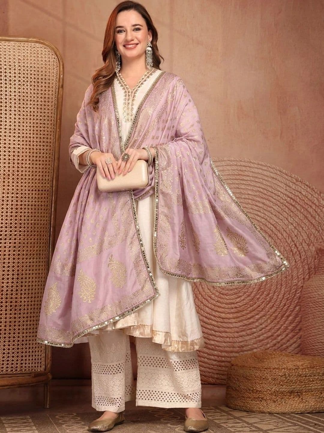 Clora Creation Ethnic Motifs Printed Foil Print Dupatta with Mirror Work thumbnail 3