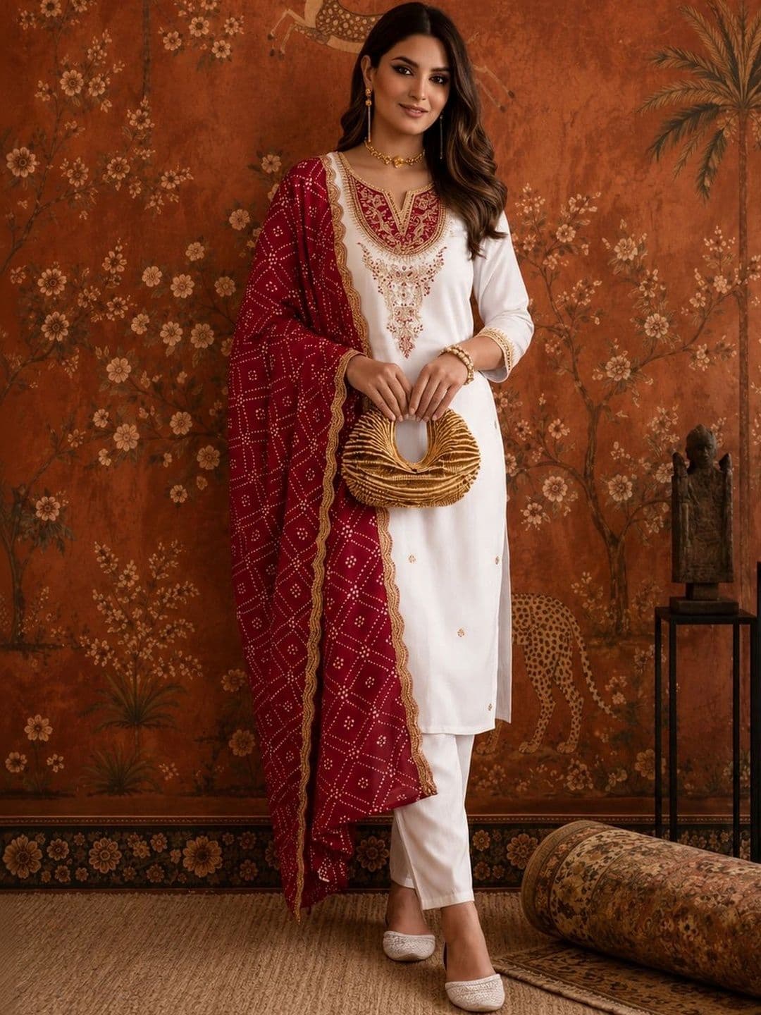 Sangria Women Ethnic Motifs Embroidered Regular Kurta with Trousers & With Dupatta - view 1