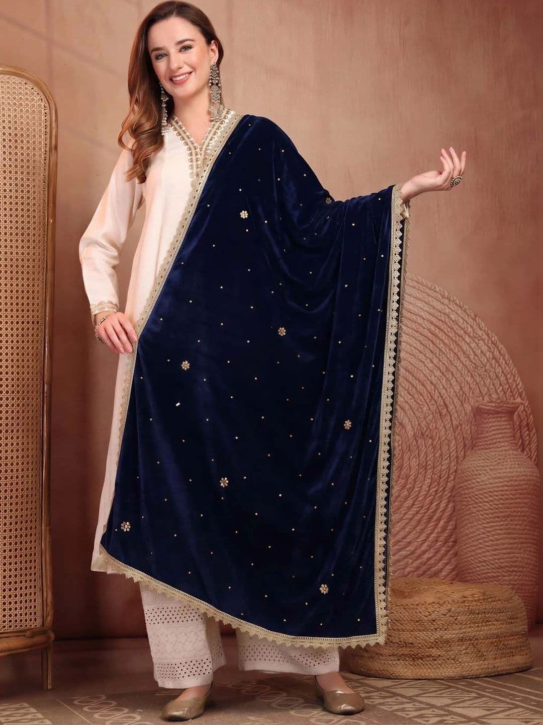 Clora Creation Ethnic Motifs Embroidered Velvet Dupatta with Zari - view 1