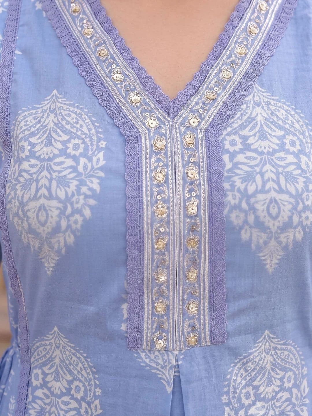 KALINI Women Ethnic Motifs Printed Angrakha Sequinned Pure Cotton Kurta with Trousers & With Dupatta thumbnail 5