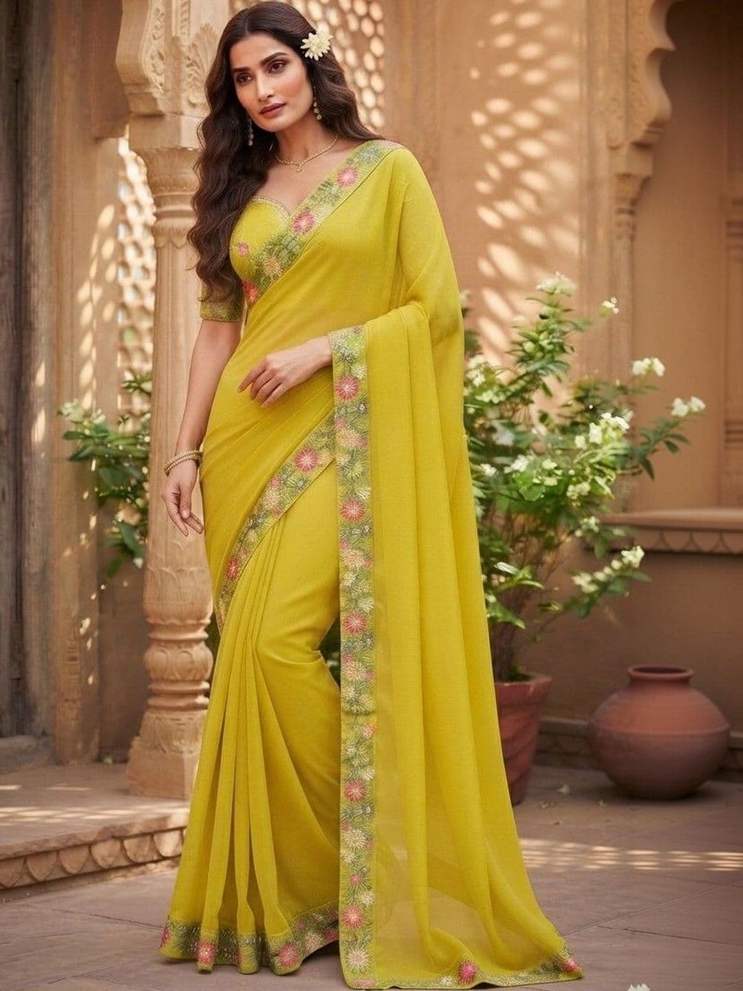 SmileyFashion Floral Embroidered Art Silk Saree thumbnail 2