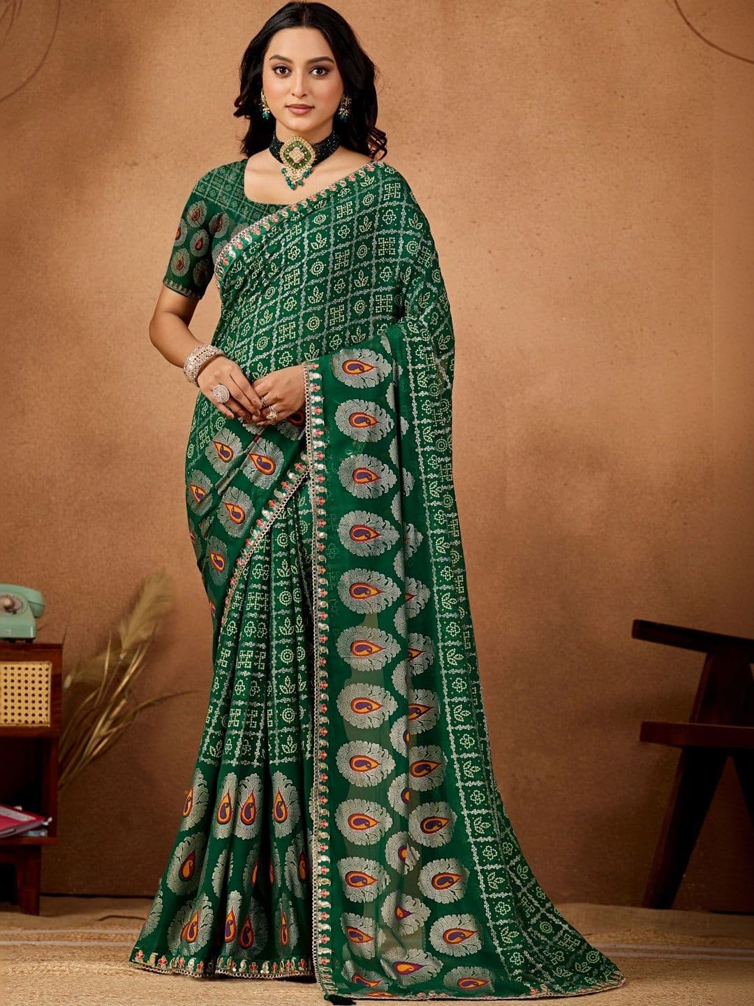 Mitera Bandhani Mirror Work Poly Georgette Designer Bandhani Saree - view 1