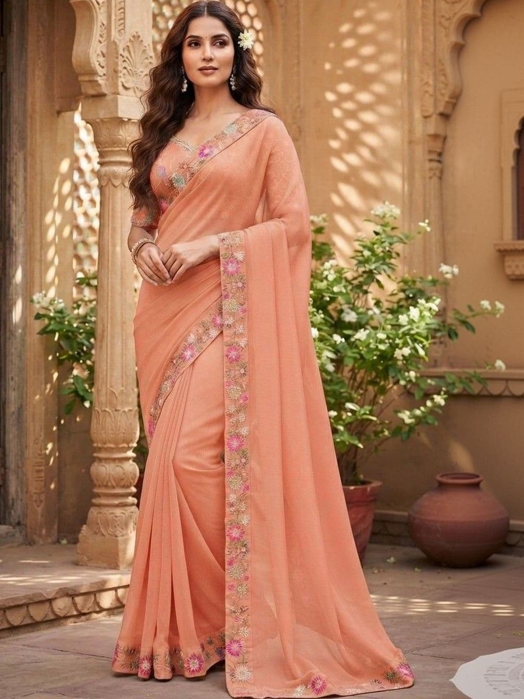 SmileyFashion Floral Embroidered Art Silk Saree - view 1