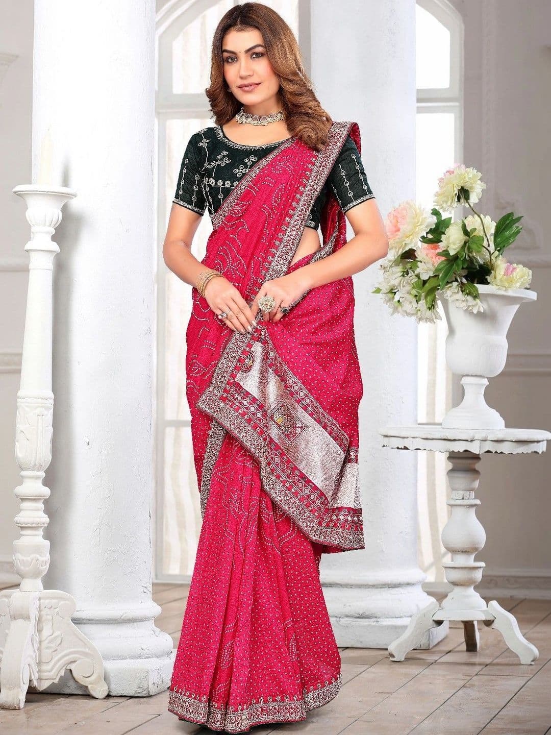 SmileyFashion Bandhani Embroidered Art Silk Designer Saree thumbnail 6