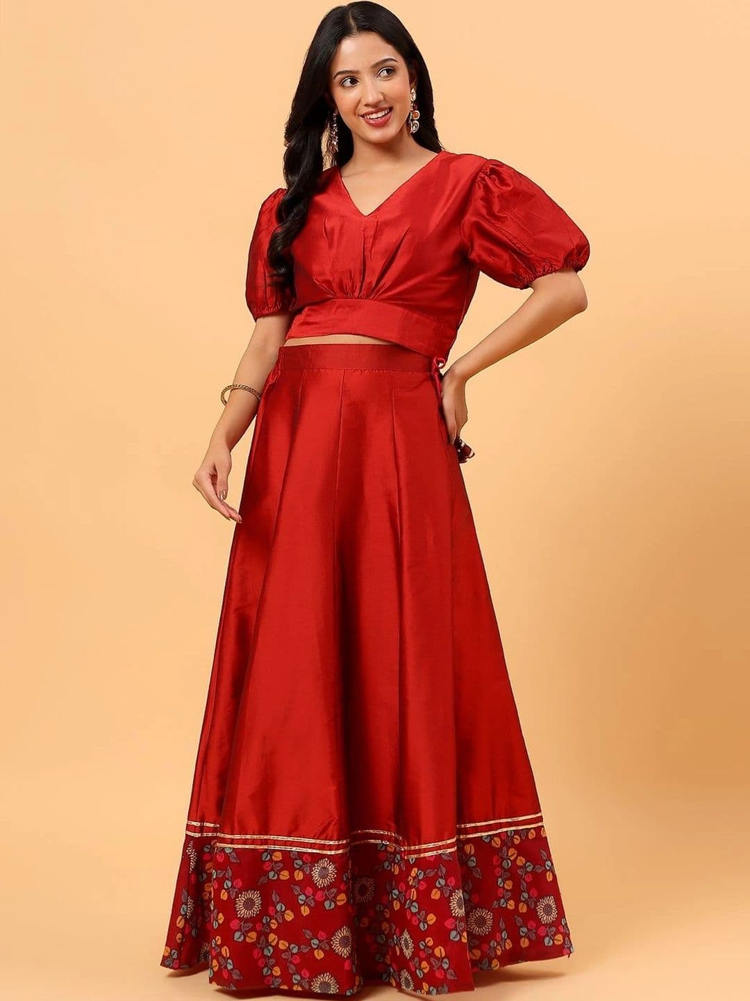 Frolic Rolic Silk Printed Border Skirt & Solid Silk Blouse Set - view 1
