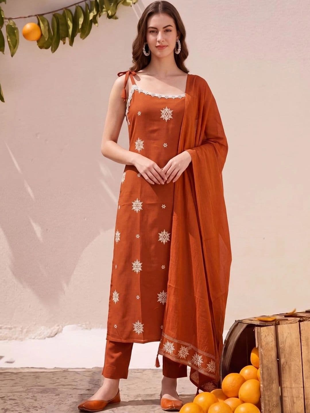 SHREE KHODAL FASHION Women Ethnic Motifs Embroidered Regular Thread Work Pure Cotton Kurta with Trousers & - view 1