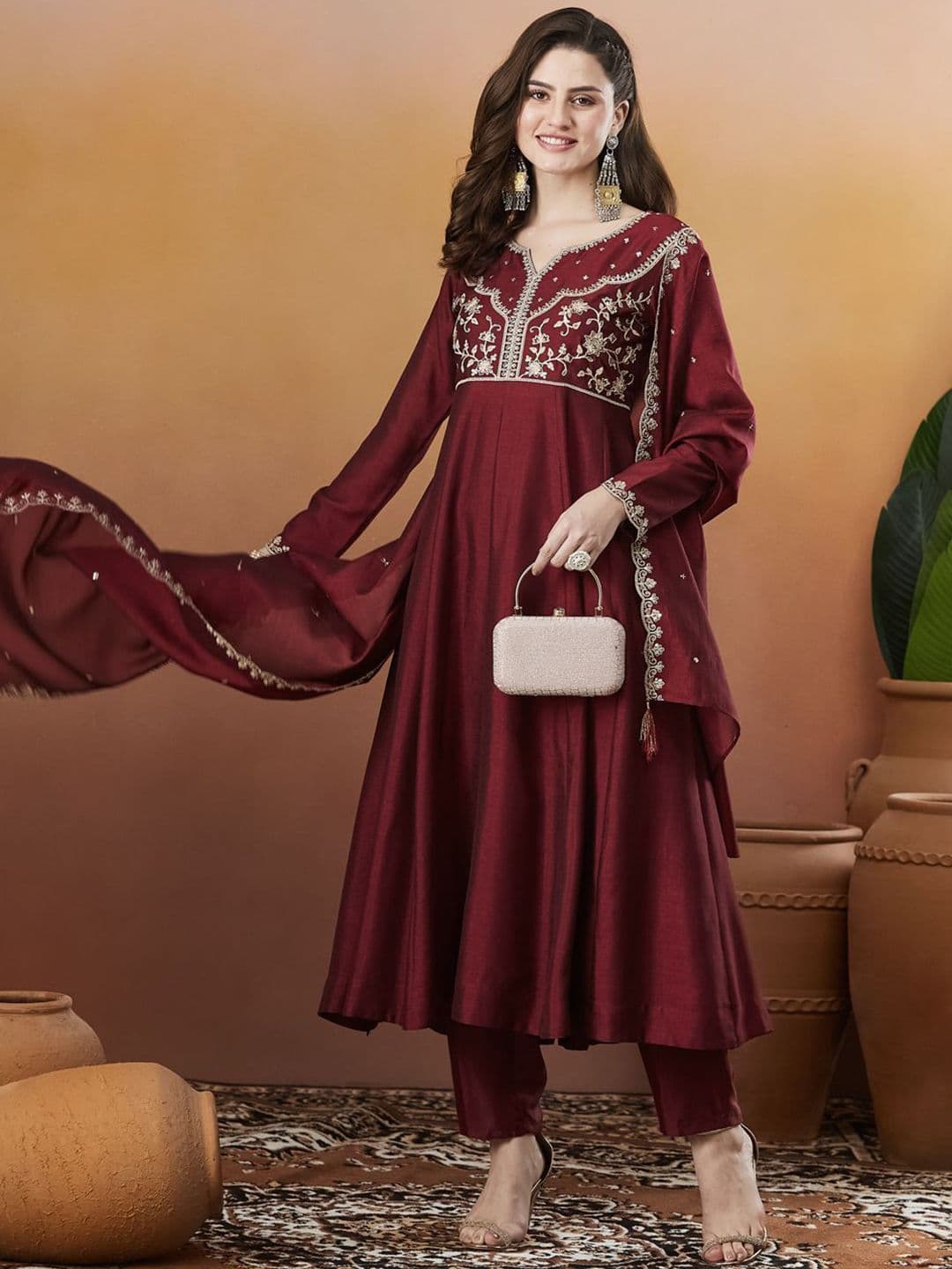 MOKOSH Women Silk Embroidered Anarkali Kurta And Pant Set With Dupatta thumbnail 2