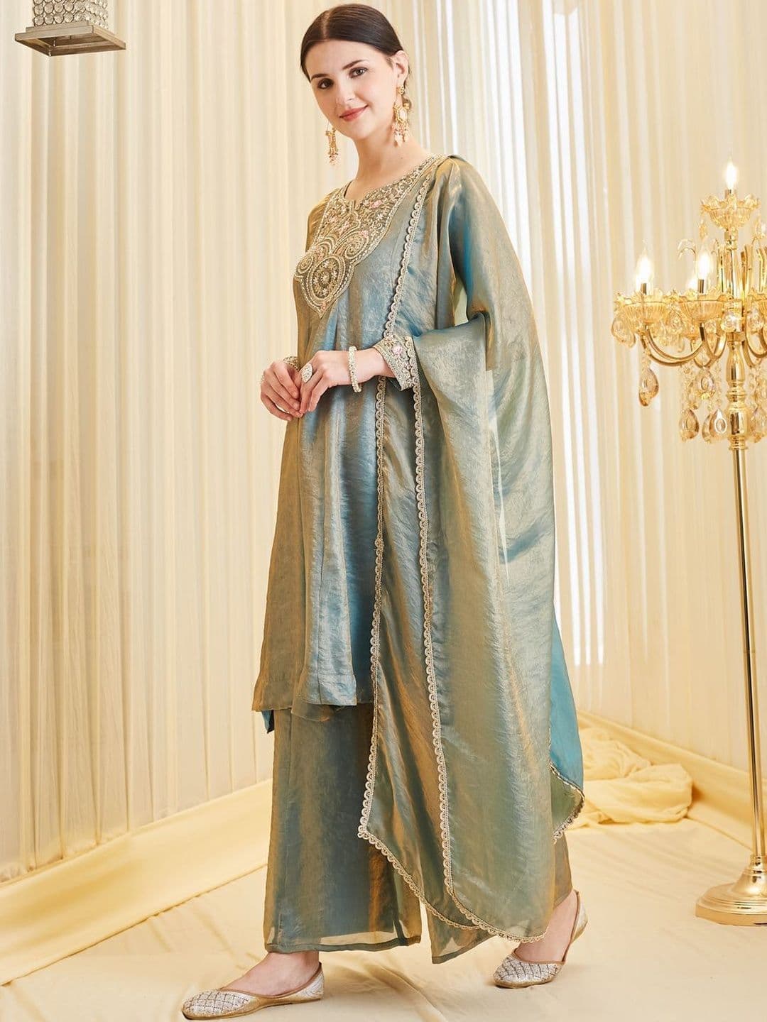 MOKOSH Women Silk Embroidered Anarkali Kurta and Sharara with Dupatta Set thumbnail 6