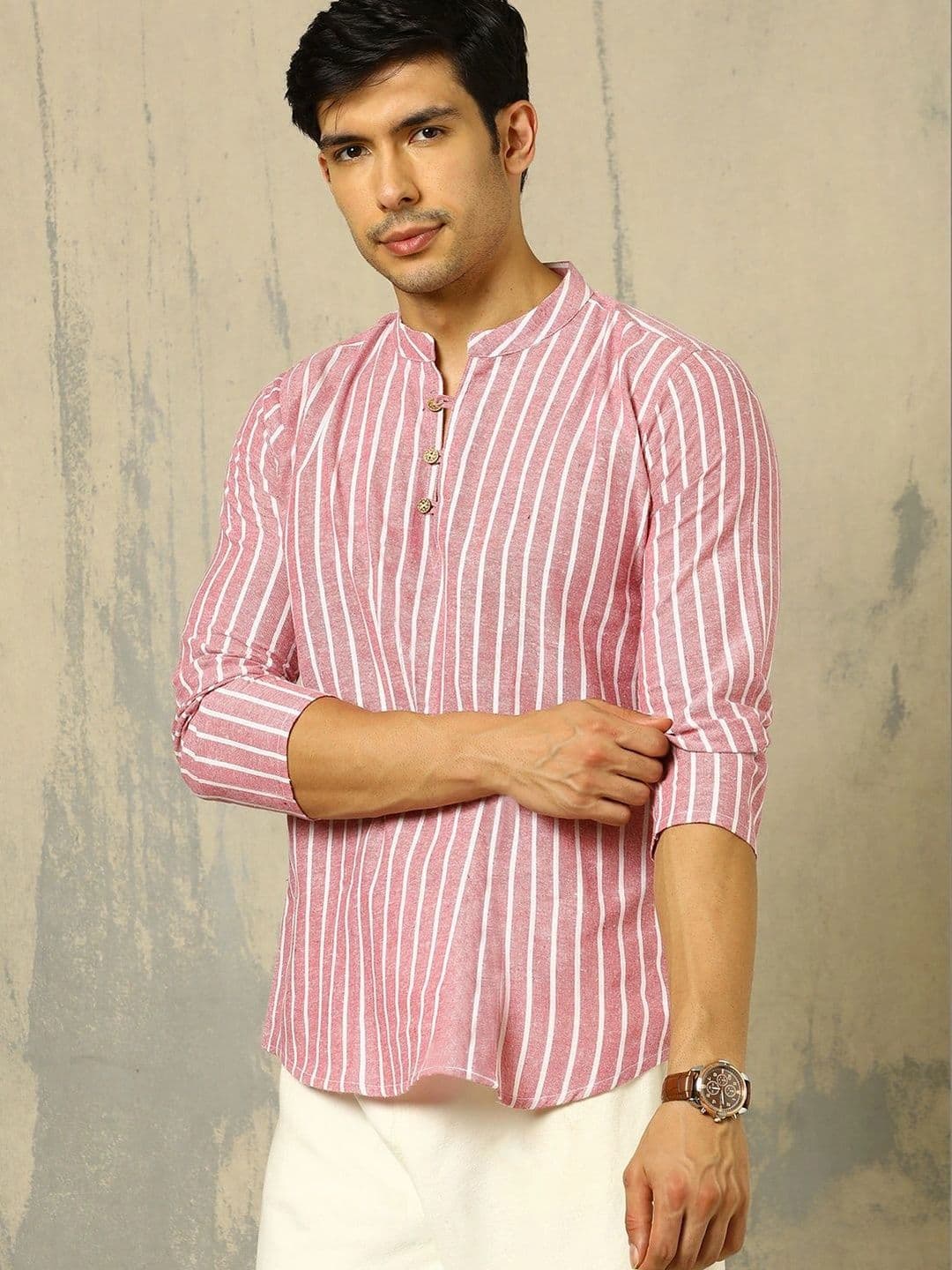 Anouk Woven Design Striped Cotton Handloom Mandarin Collar Short Kurta - view 1