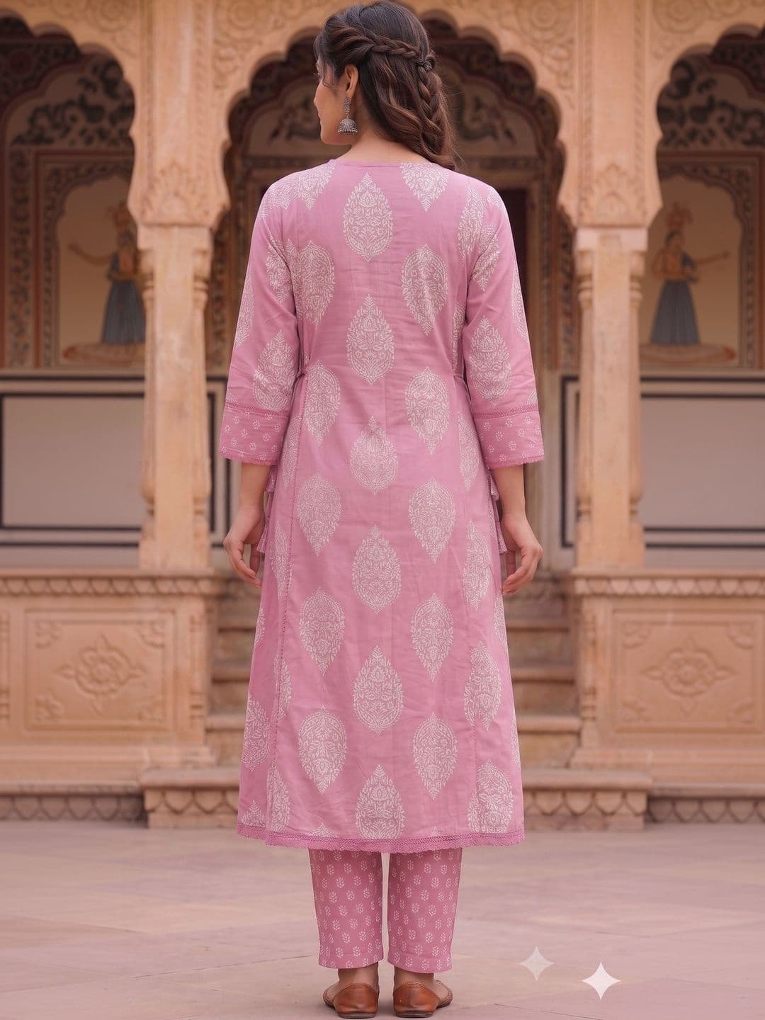 KALINI Women Ethnic Motifs Printed Angrakha Sequinned Pure Cotton Kurta with Trousers & With Dupatta thumbnail 2