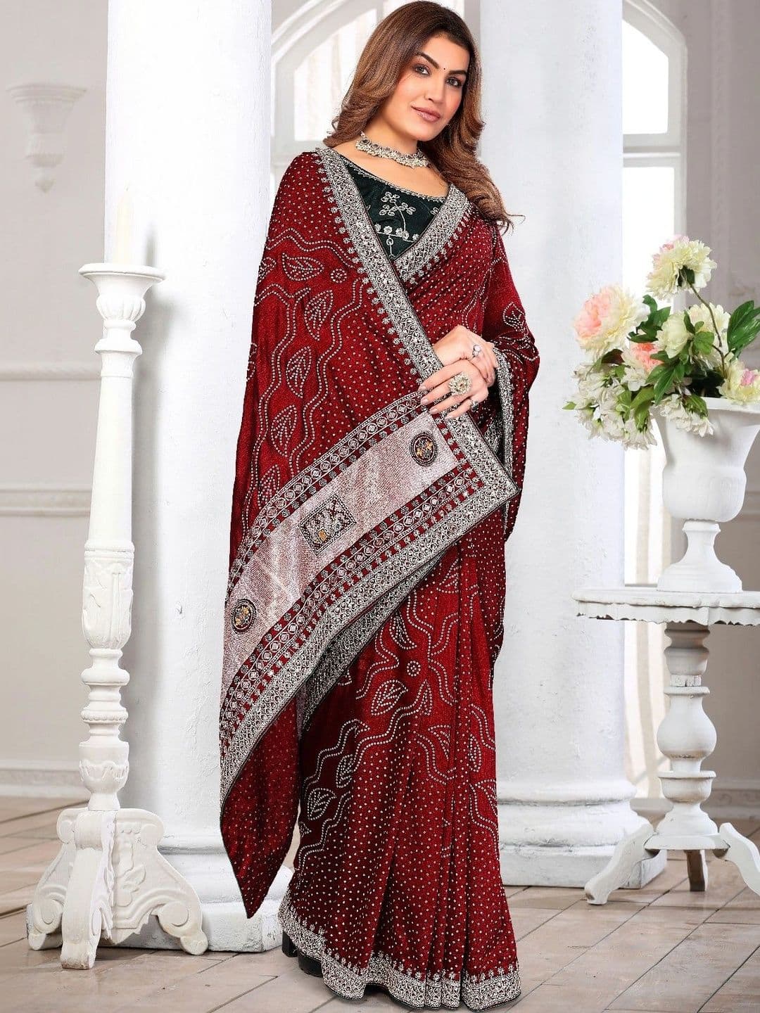 SmileyFashion Bandhani Embroidered Art Silk Designer Saree thumbnail 3