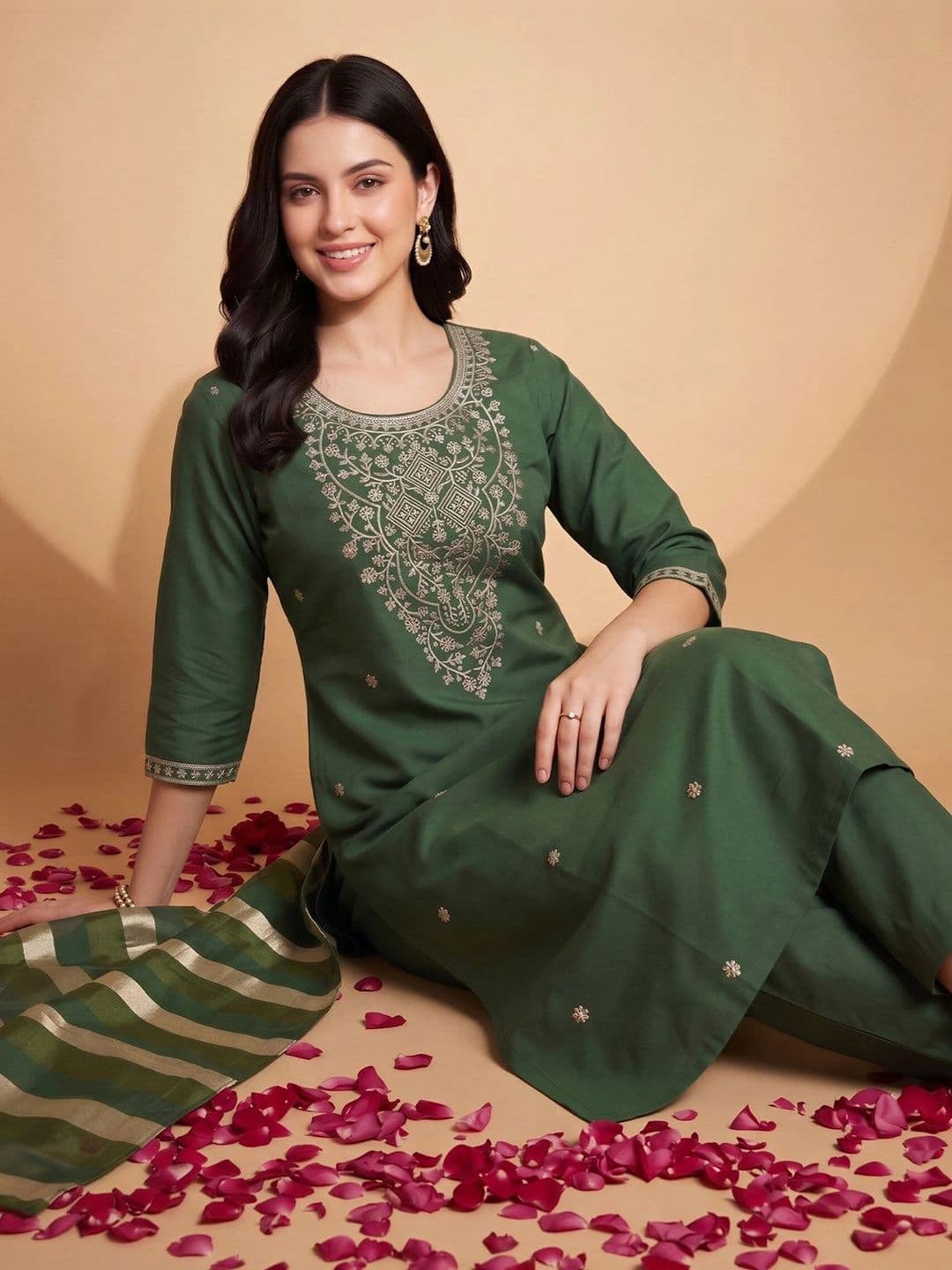 Indo Era Women Ethnic Motifs Embroidered Regular Thread Work Kurta with Trousers & With Dupatta thumbnail 6