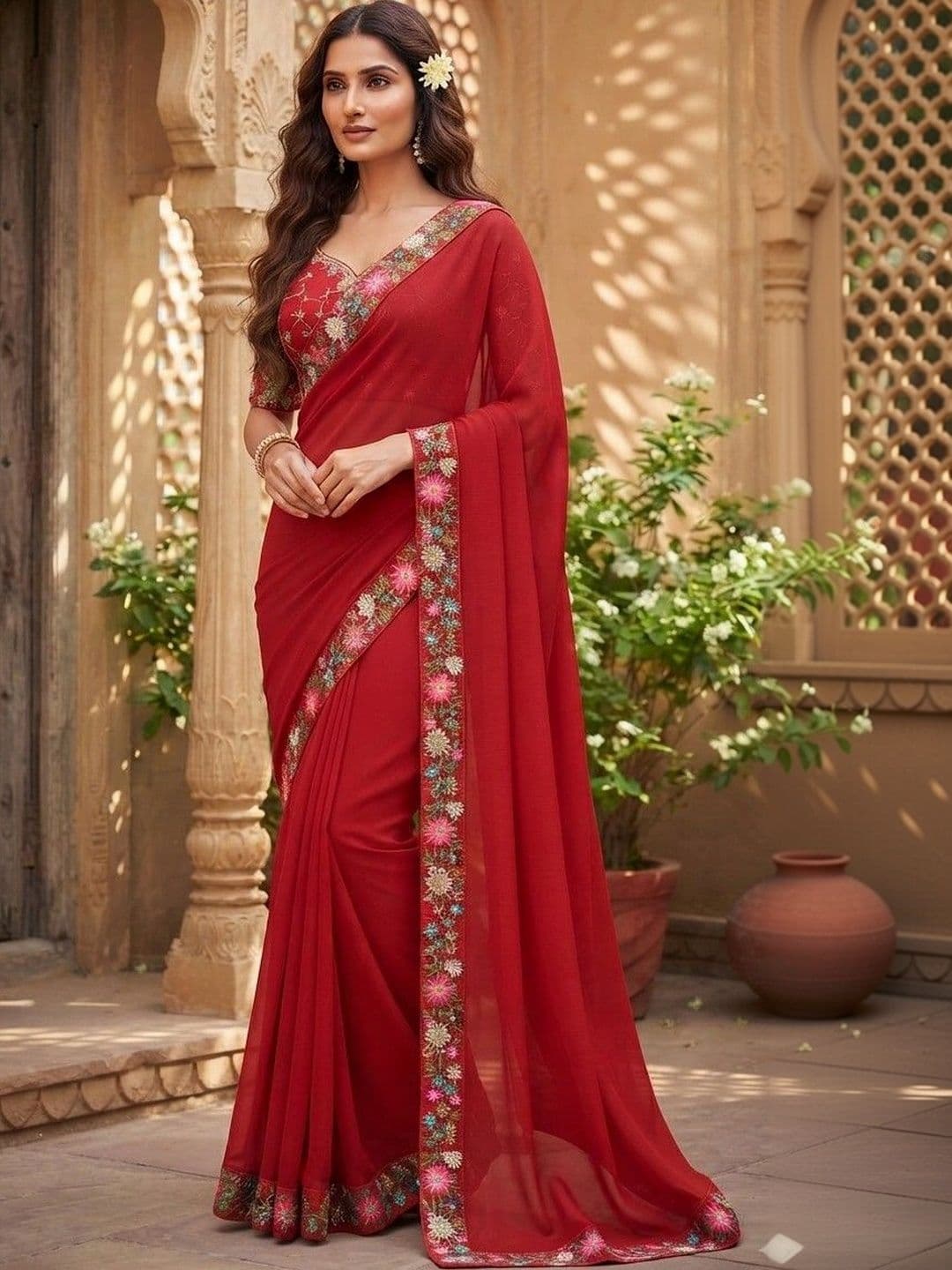 SmileyFashion Floral Embroidered Art Silk Saree - view 1