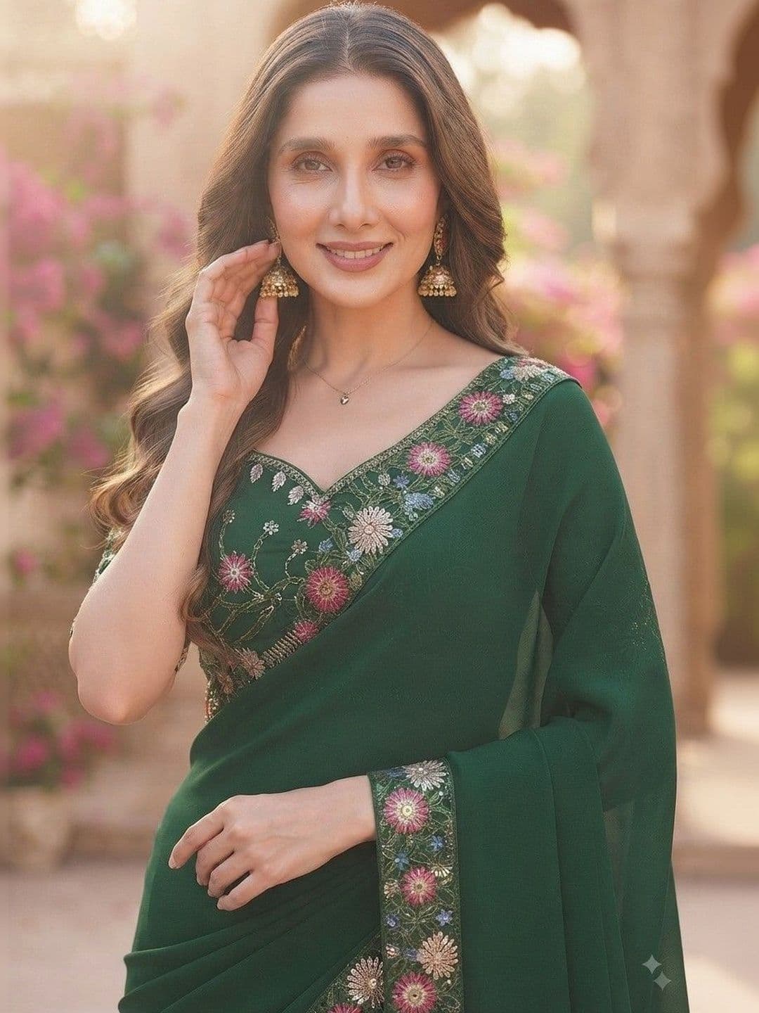 SmileyFashion Floral Embroidered Art Silk Saree thumbnail 4