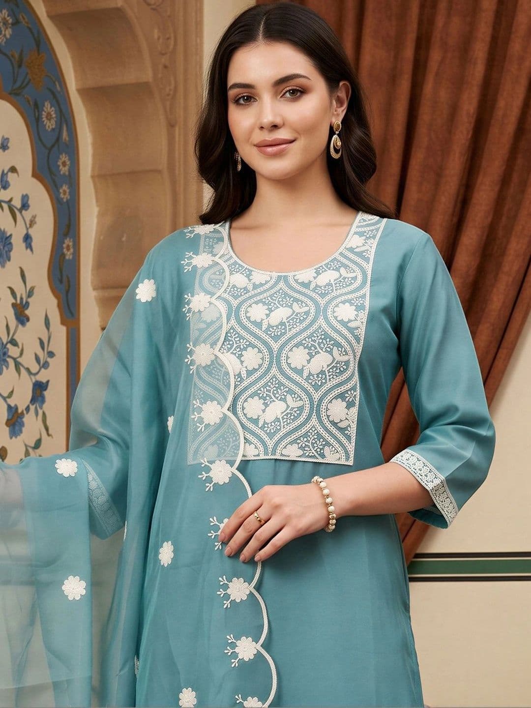 Indo Era Women Ethnic Motifs Embroidered Regular Thread Work Kurta with Trousers & With Dupatta thumbnail 2