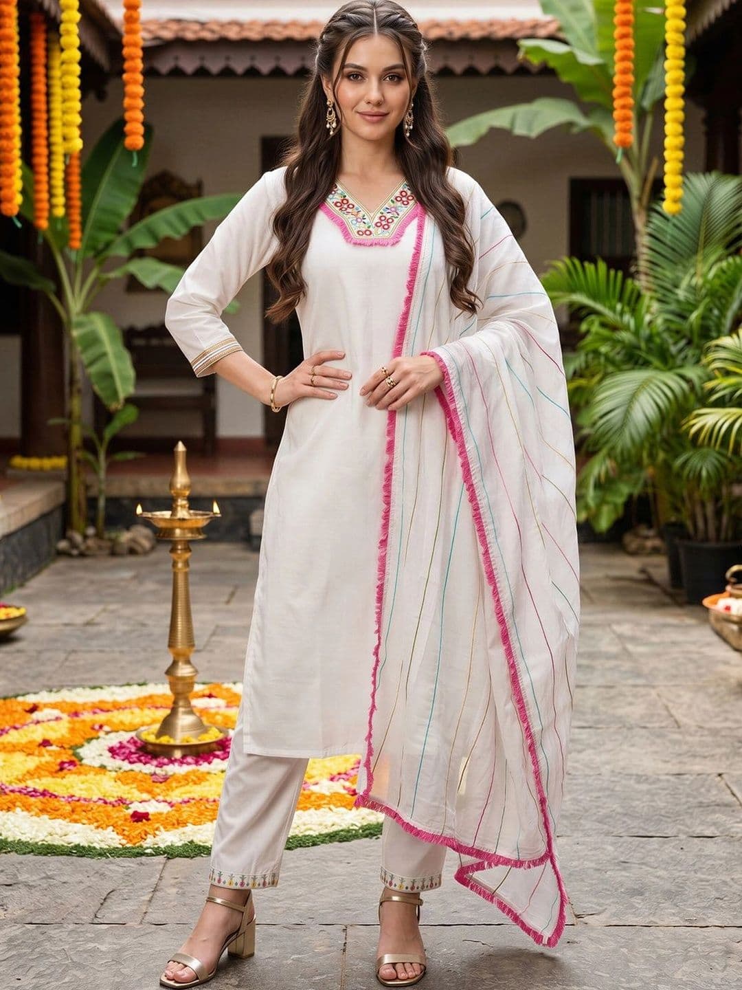 Indo Era Women Ethnic Motifs Embroidered Regular Thread Work Kurta with Trousers & With Dupatta thumbnail 3