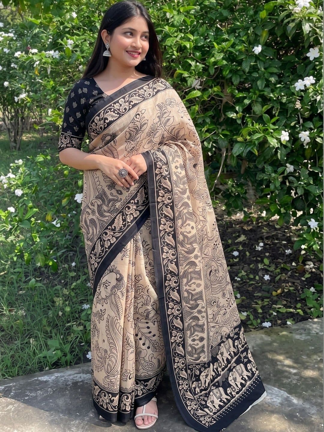 IndianRang Kalamkari Linen Blend Fusion Saree - view 1