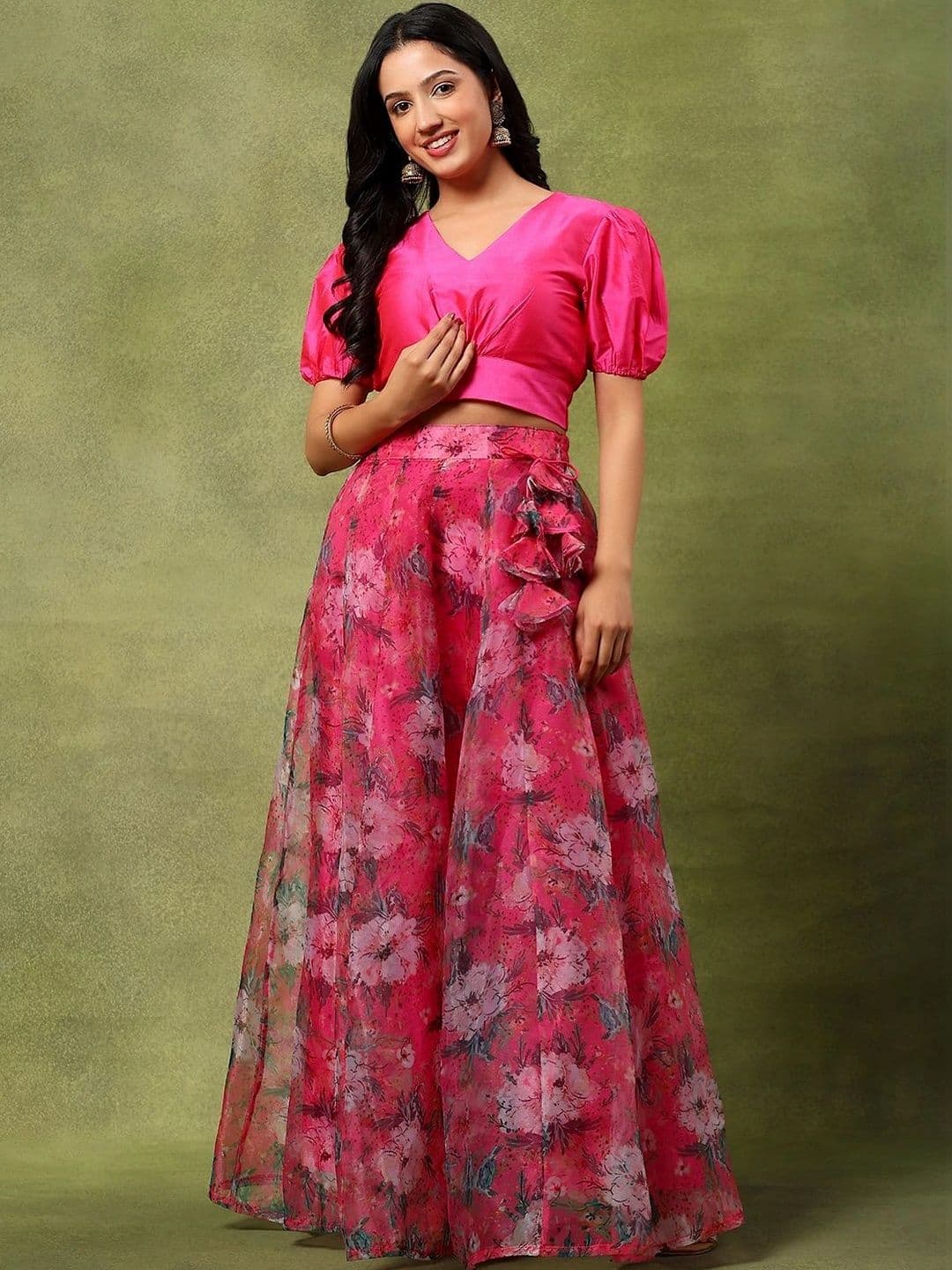 Frolic Rolic Silk V Neck Blouse & Floral Print Organza Maxi Skirt Set - view 1