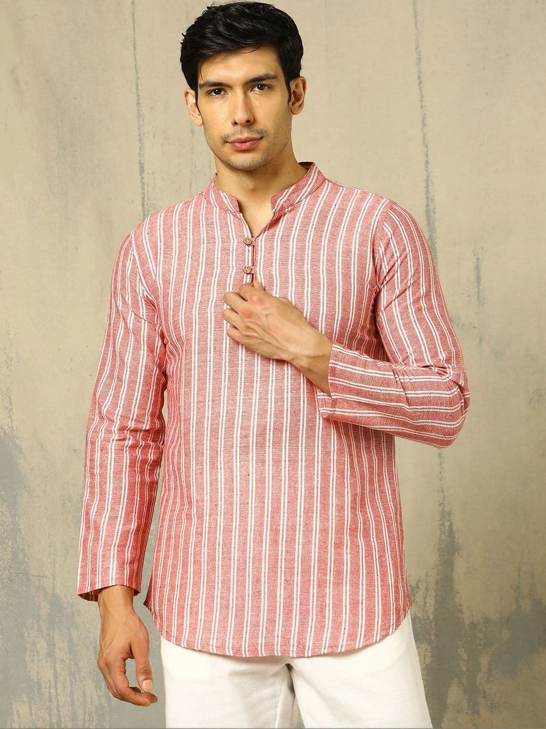 Anouk Woven Design Striped Cotton Handloom Mandarin Collar Short Kurta - view 1