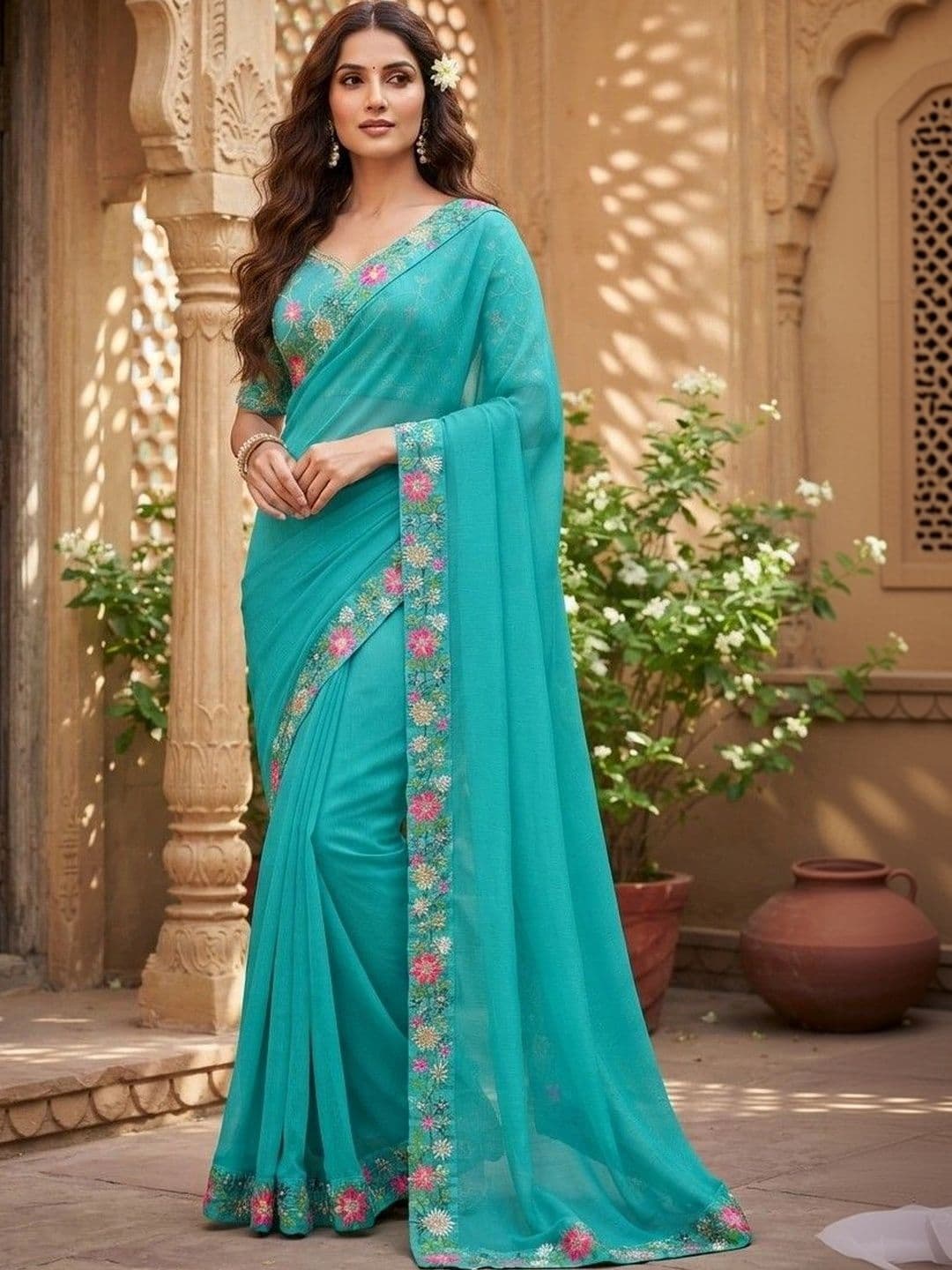 SmileyFashion Floral Embroidered Art Silk Saree - view 1