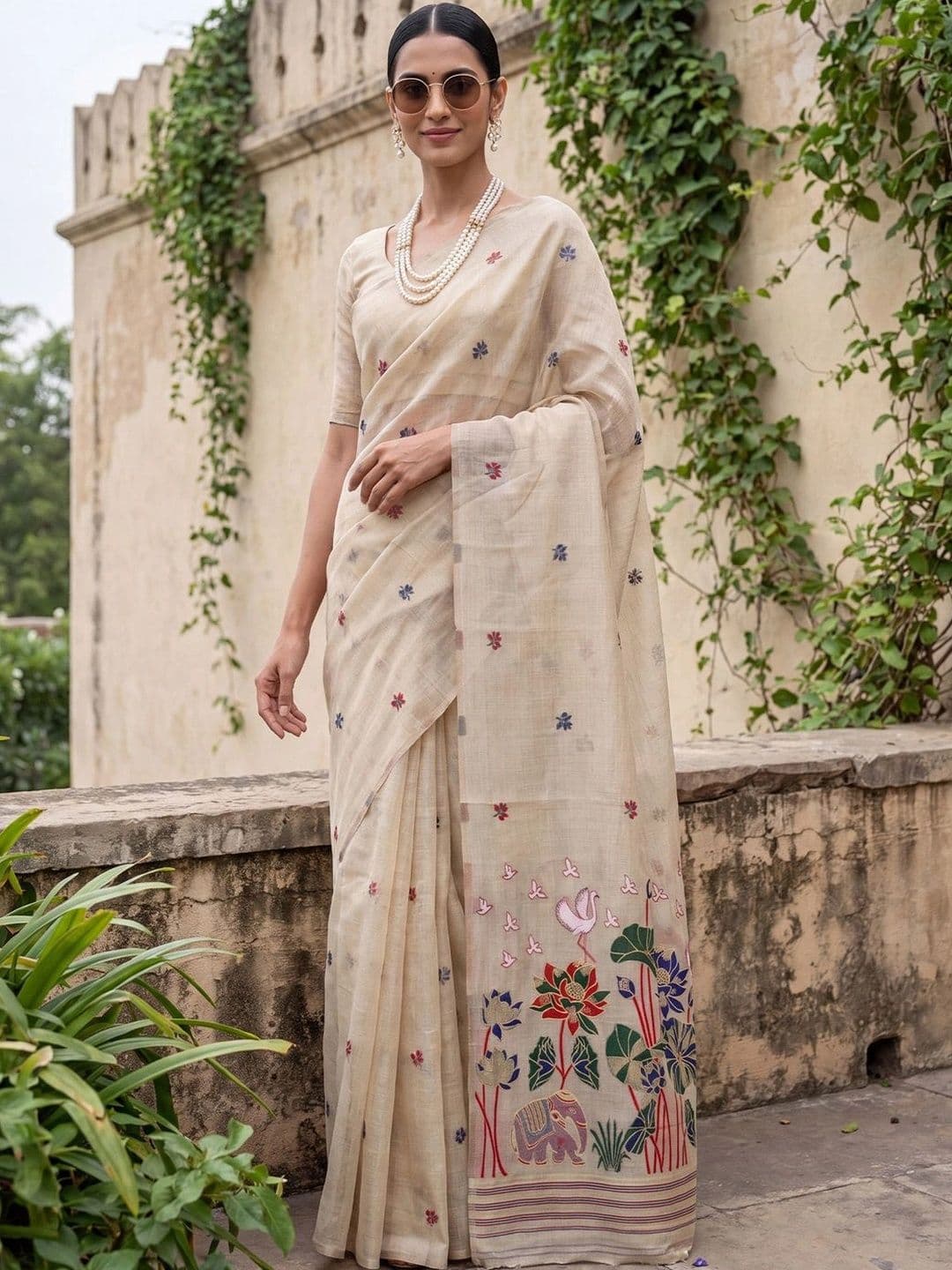 Mitera Kalamkari Embroidered Designer Jamdani Saree thumbnail 6