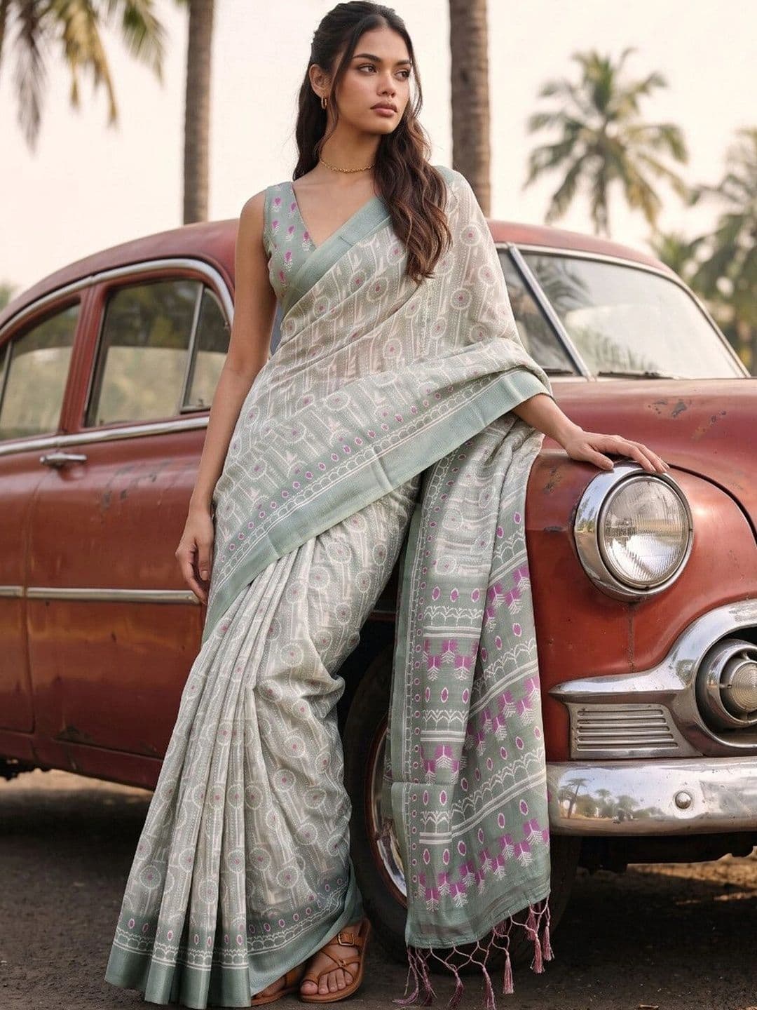 SAARA Zari,Screen Printed Linen Saree - view 1