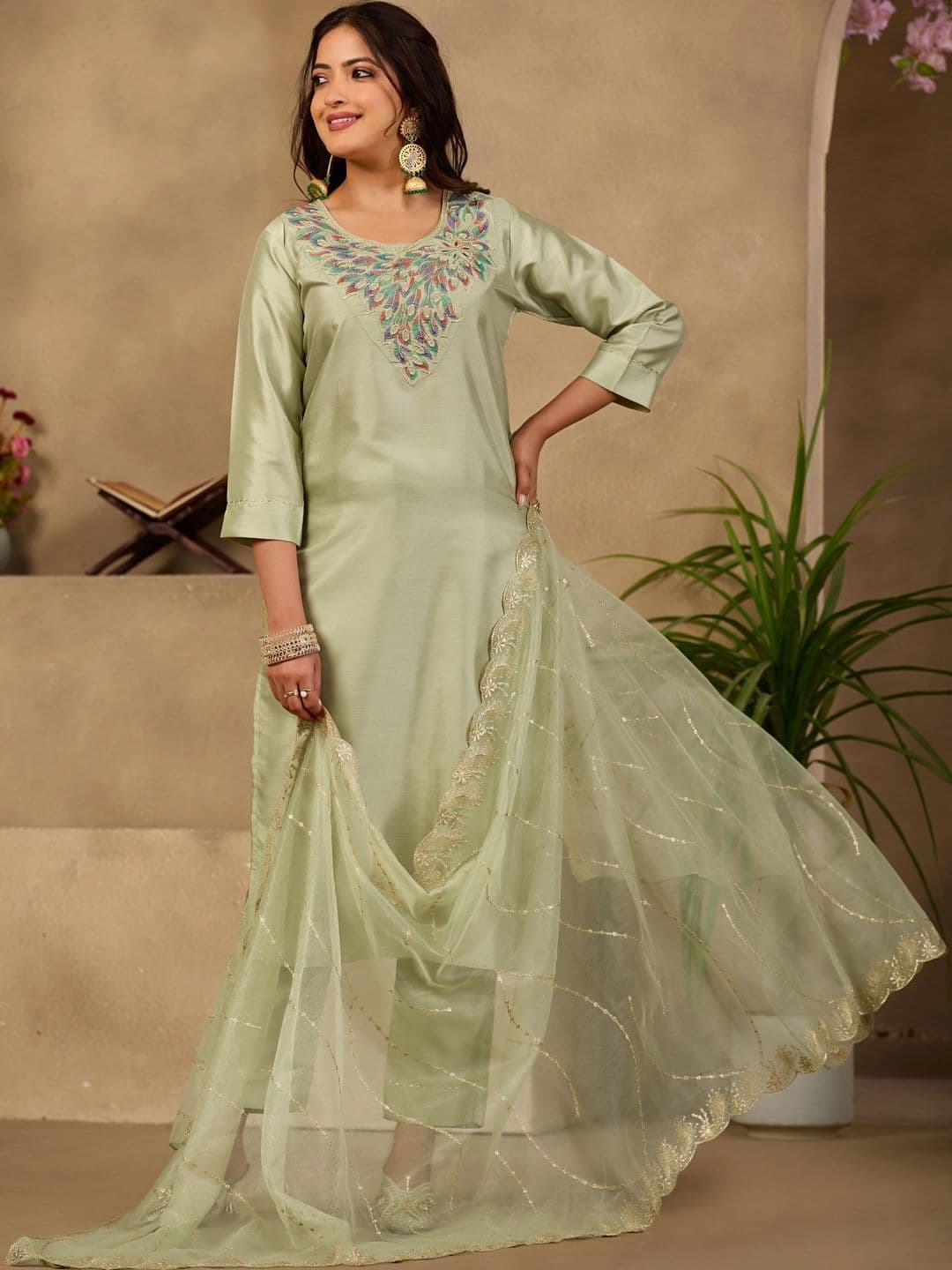 Sangria Women Ethnic Motifs Embroidered Regular Thread Work Kurta with Trousers & With Dupatta - view 1