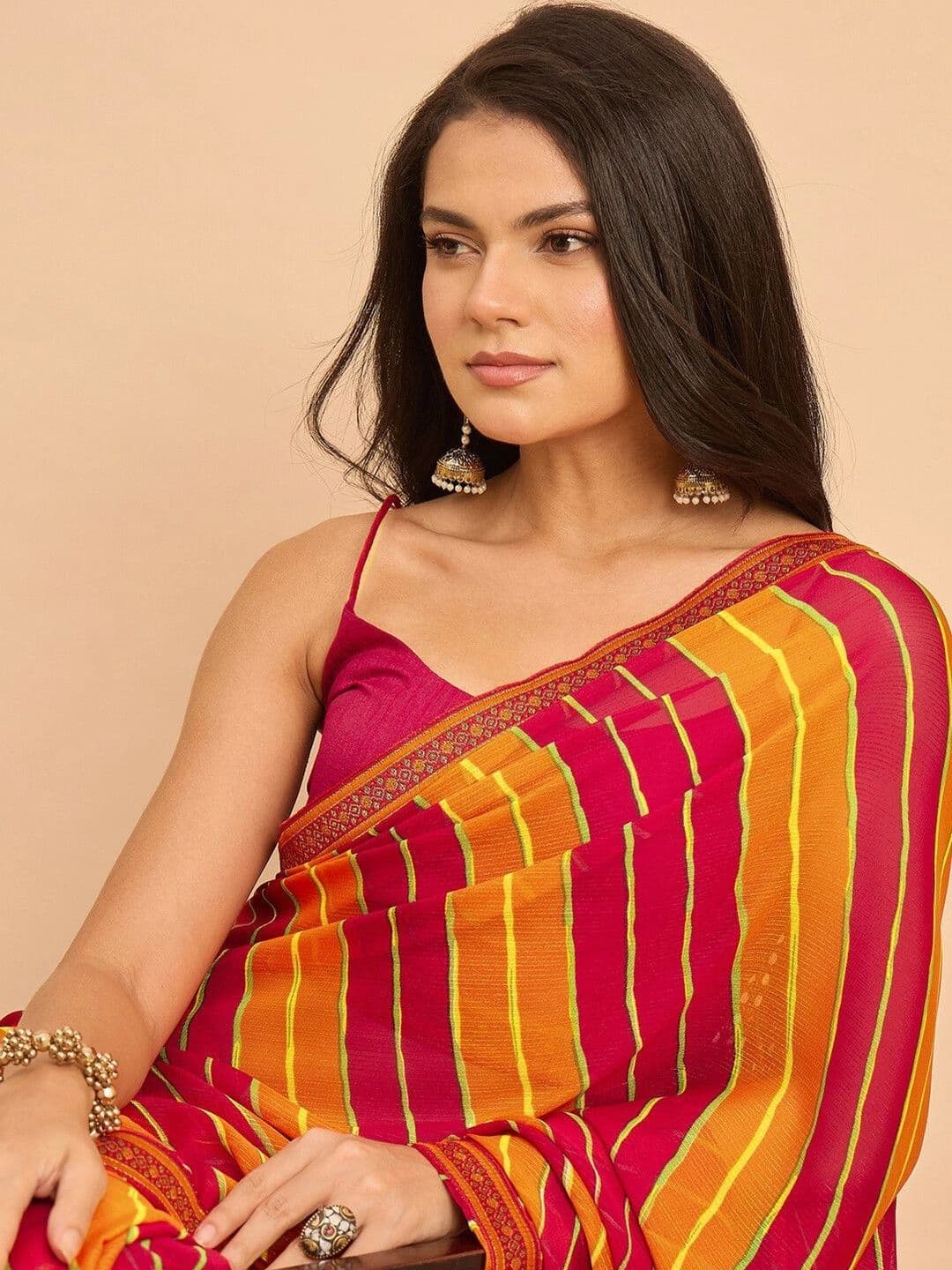 KALINI Women Leheriya Pure Georgette Fusion Saree thumbnail 4