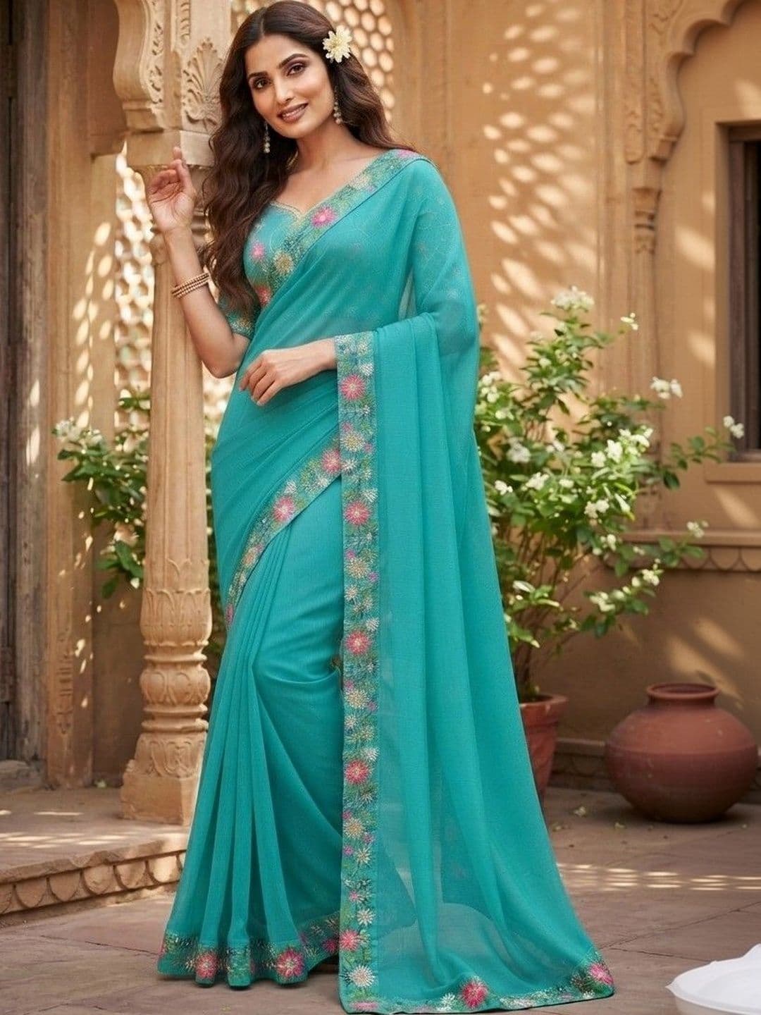 SmileyFashion Floral Embroidered Art Silk Saree thumbnail 5