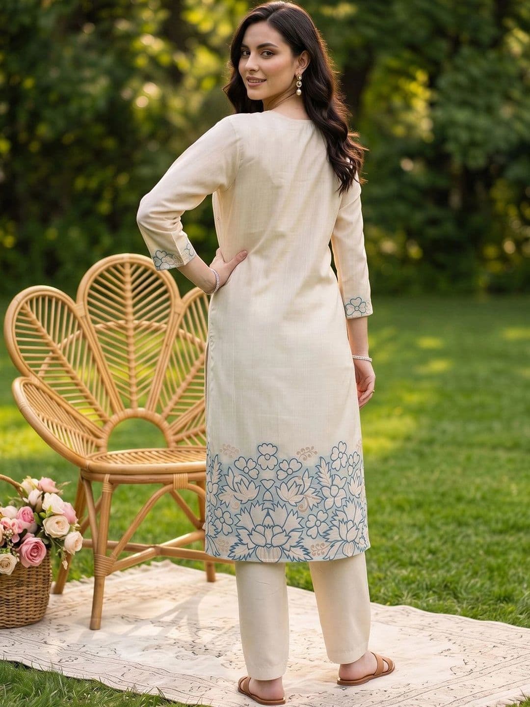 Indo Era Women Ethnic Motifs Embroidered Regular Thread Work Kurta with Trousers & With Dupatta thumbnail 4