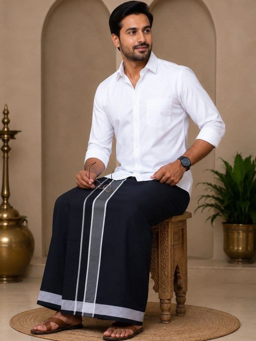 Tharunsha Elite Men Striped Cotton Dhoti Dhotis thumbnail 2
