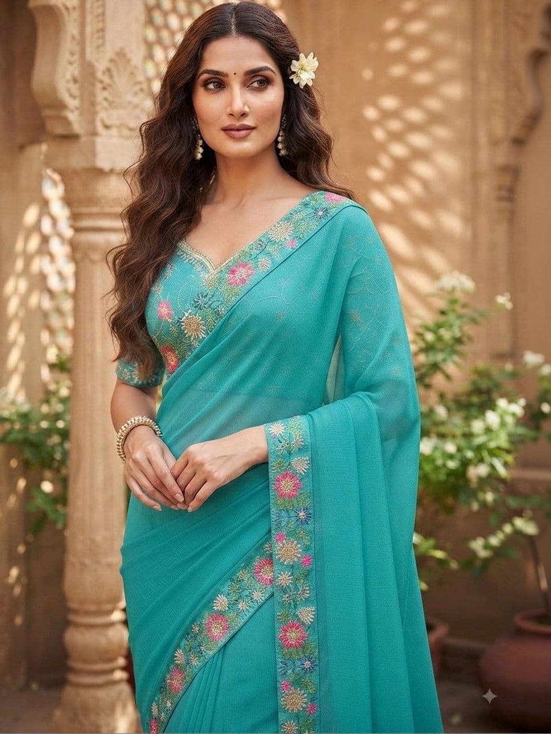 SmileyFashion Floral Embroidered Art Silk Saree thumbnail 4