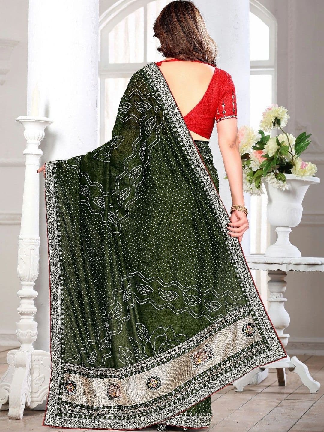 SmileyFashion Bandhani Embroidered Art Silk Designer Saree thumbnail 5