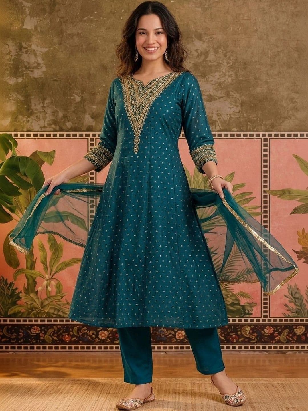 Sangria Women Ethnic Motifs Printed Regular Thread Work Pure Silk Kurta with Trousers & With Dupatta thumbnail 7