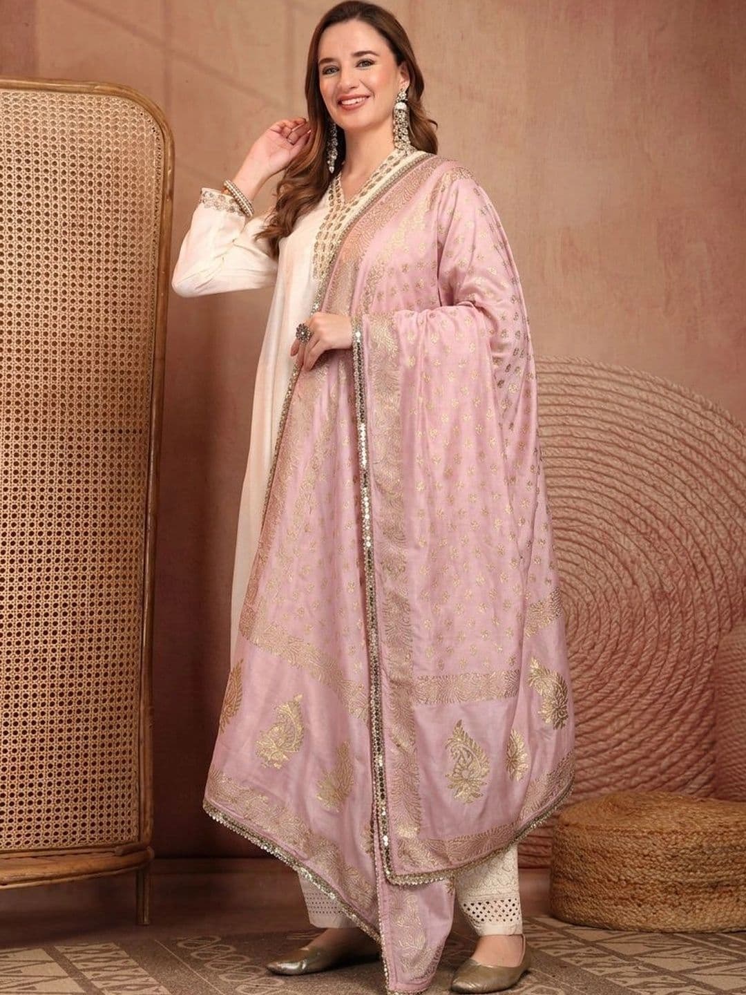 Clora Creation Ethnic Motifs Printed Foil Print Dupatta with Mirror Work thumbnail 4