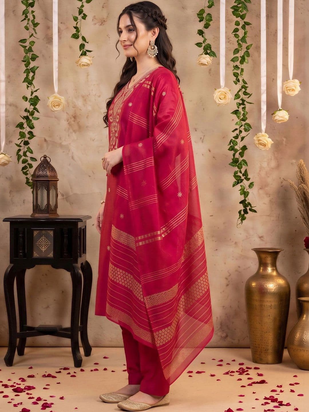Indo Era Women Ethnic Motifs Embroidered Regular Thread Work Kurta with Trousers & With Dupatta thumbnail 2