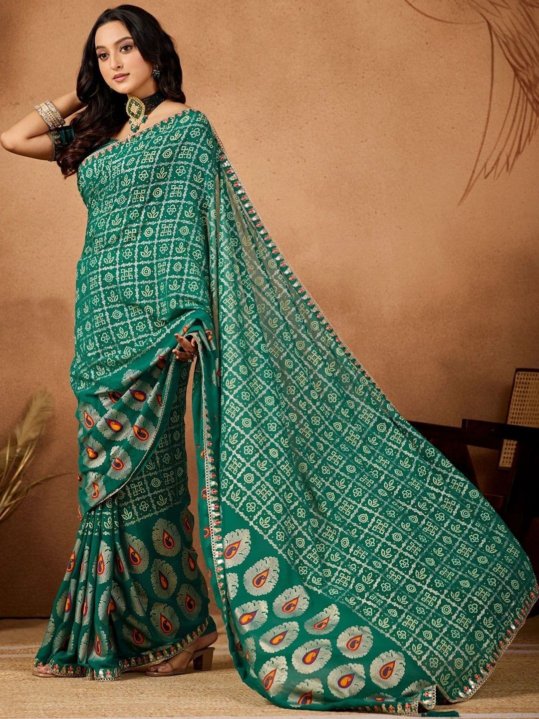 KALINI Bandhani Zari Poly Georgette Designer Bandhani Saree thumbnail 5